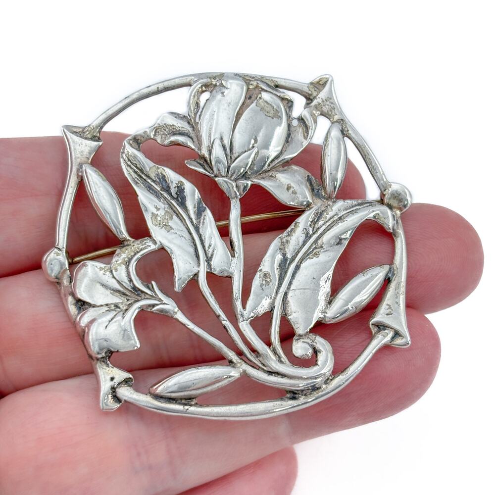 Vintage Sterling Silver 925 Art Nouveau Style Flower Brooch